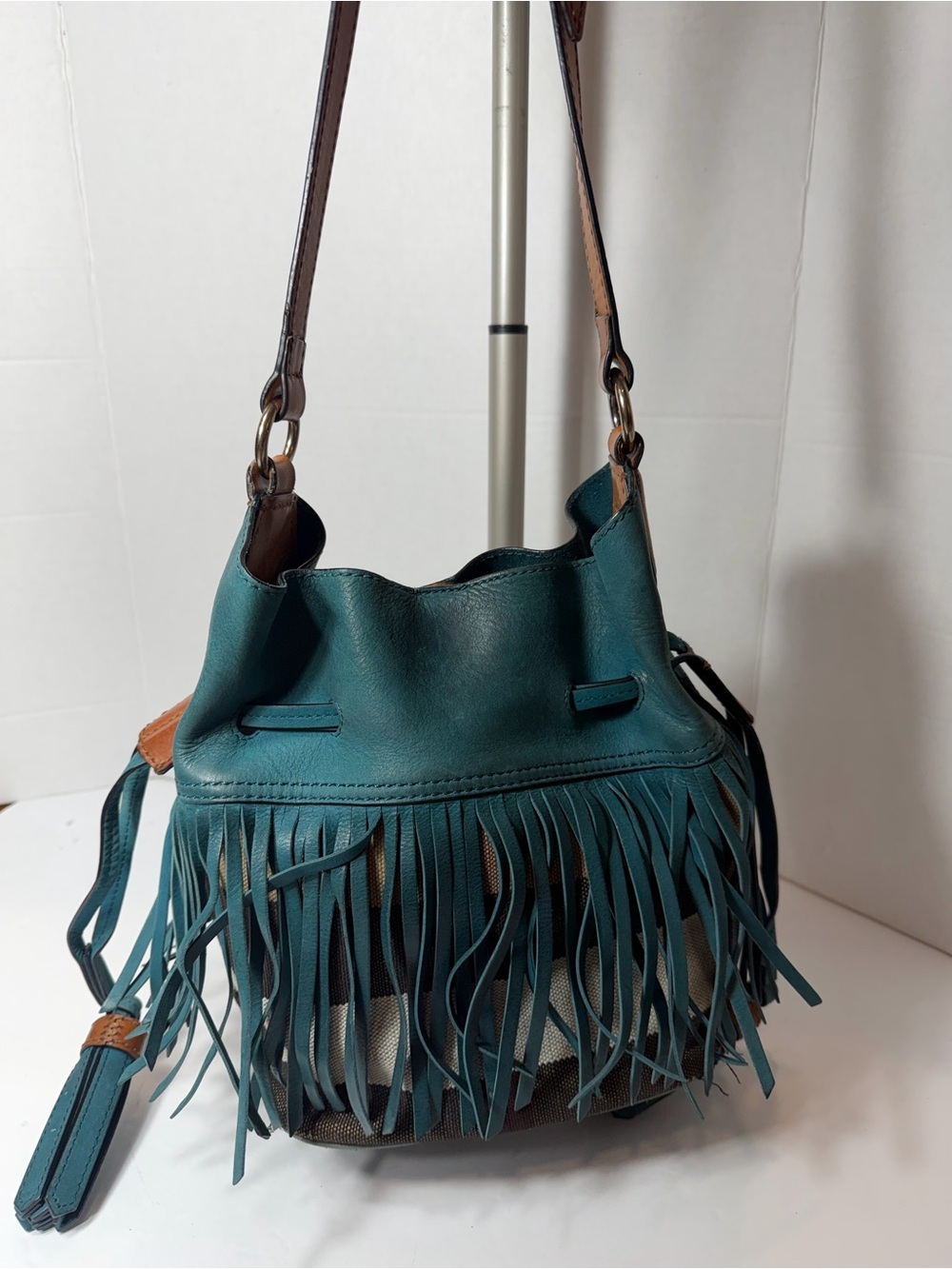 Beautiful Burberry Ashby Belgrove fringe bag, teal call outs in photos - Picture 4 of 9
